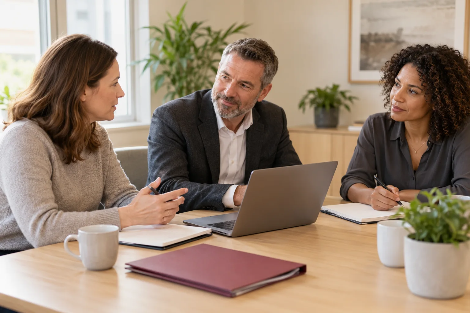 Illustrative colleagues discussing business payroll